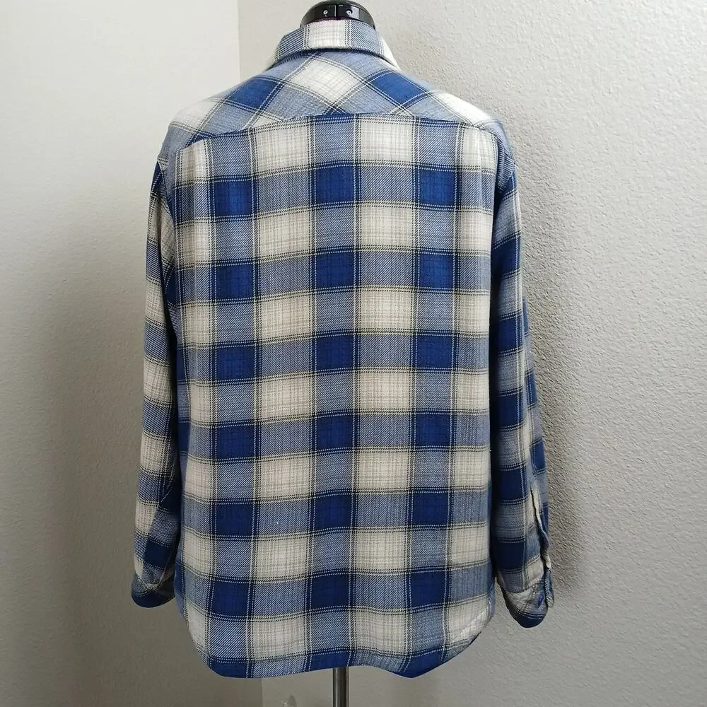 Columbia fleece-lined flannel shirt jacket mens M repaired blue white plaid